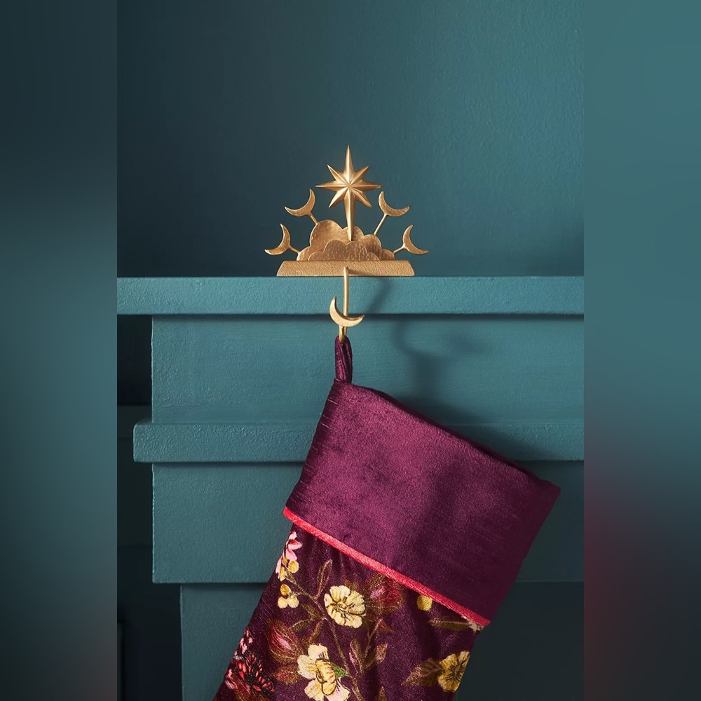 Anthropologie Celestial Brass Stocking Holder Gold Tone Stars Moon NIB